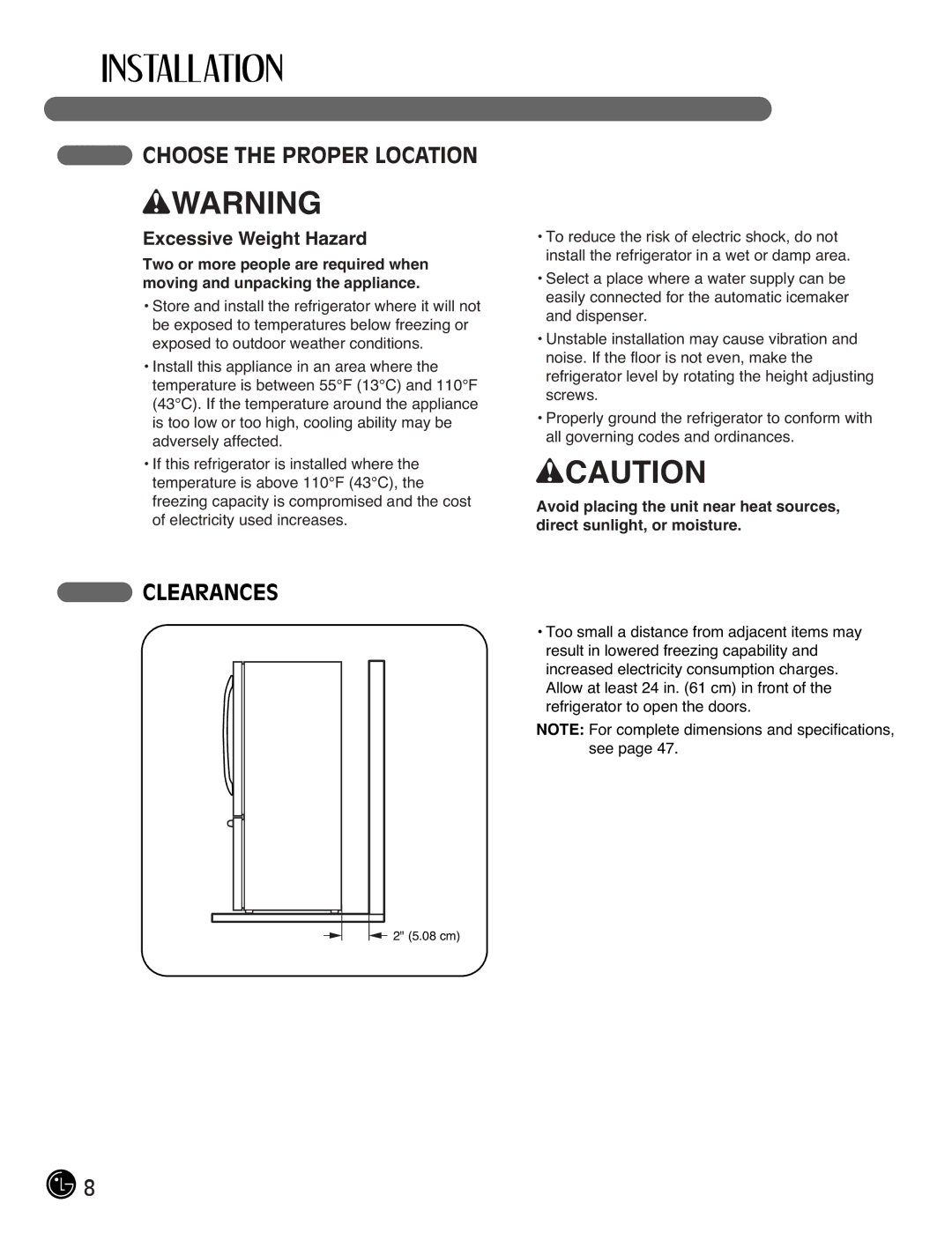 LG Electronics LFX21976ST owner manual Choose the Proper Location, Clearances, Excessive Weight Hazard 