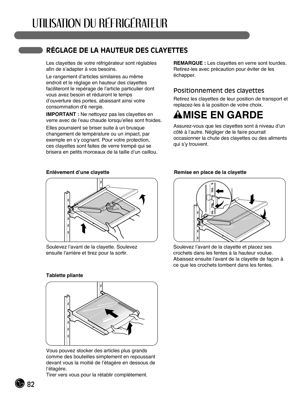 LG Electronics LFX21976ST Réglage DE LA Hauteur DES Clayettes, Positionnement des clayettes, Enlèvement d’une clayette 