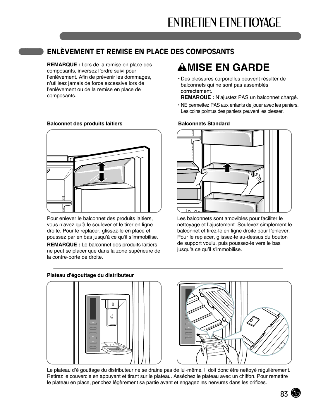 LG Electronics LFX21976ST owner manual Enlèvement ET Remise EN Place DES Composants, Plateau d’égouttage du distributeur 