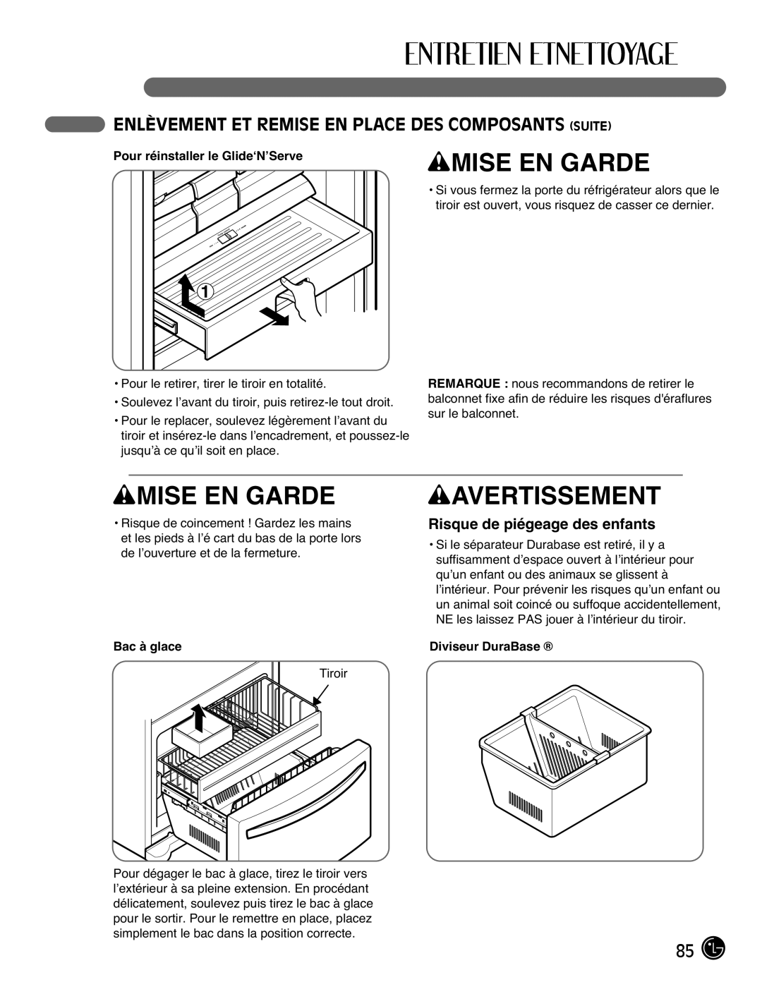 LG Electronics LFX21976ST owner manual Pour réinstaller le Glide‘N’Serve, Bac à glace, Diviseur DuraBase 