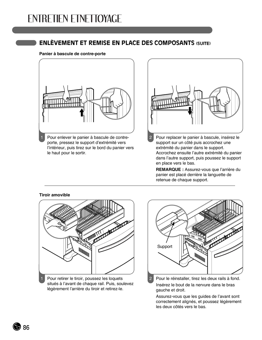 LG Electronics LFX21976ST owner manual Panier à bascule de contre-porte, Tiroir amovible 