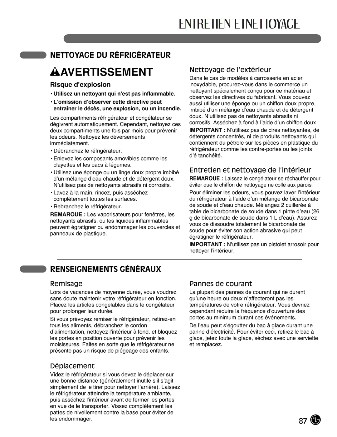 LG Electronics LFX21976ST owner manual Nettoyage DU Réfrigérateur, Renseignements Généraux, Risque d’explosion 