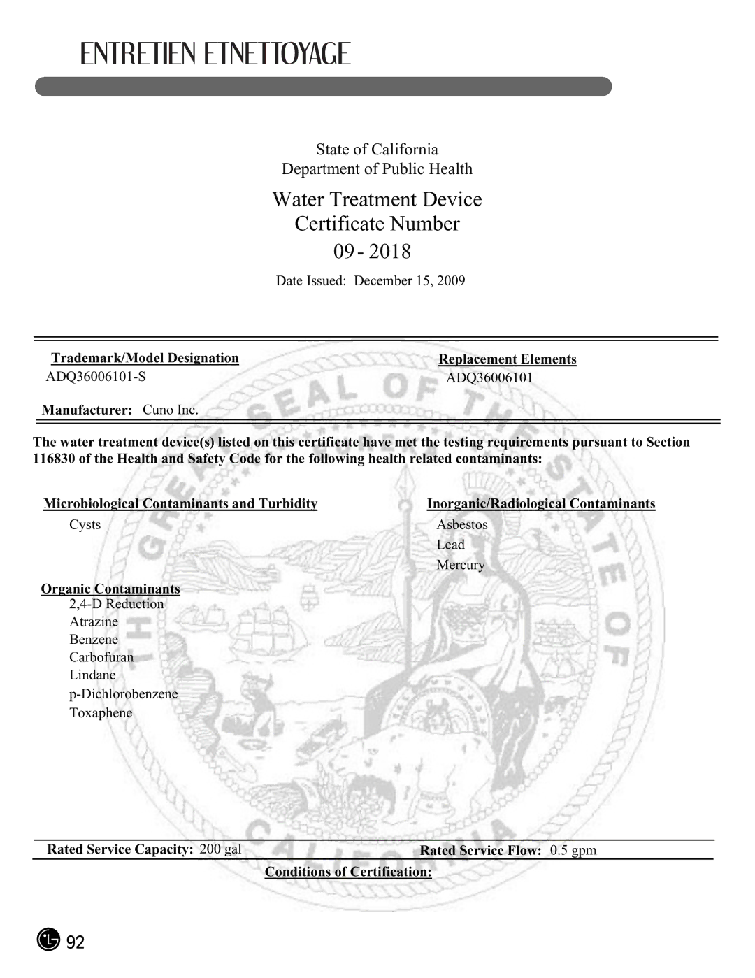 LG Electronics LFX21976ST owner manual Water Treatment Device Certificate Number 