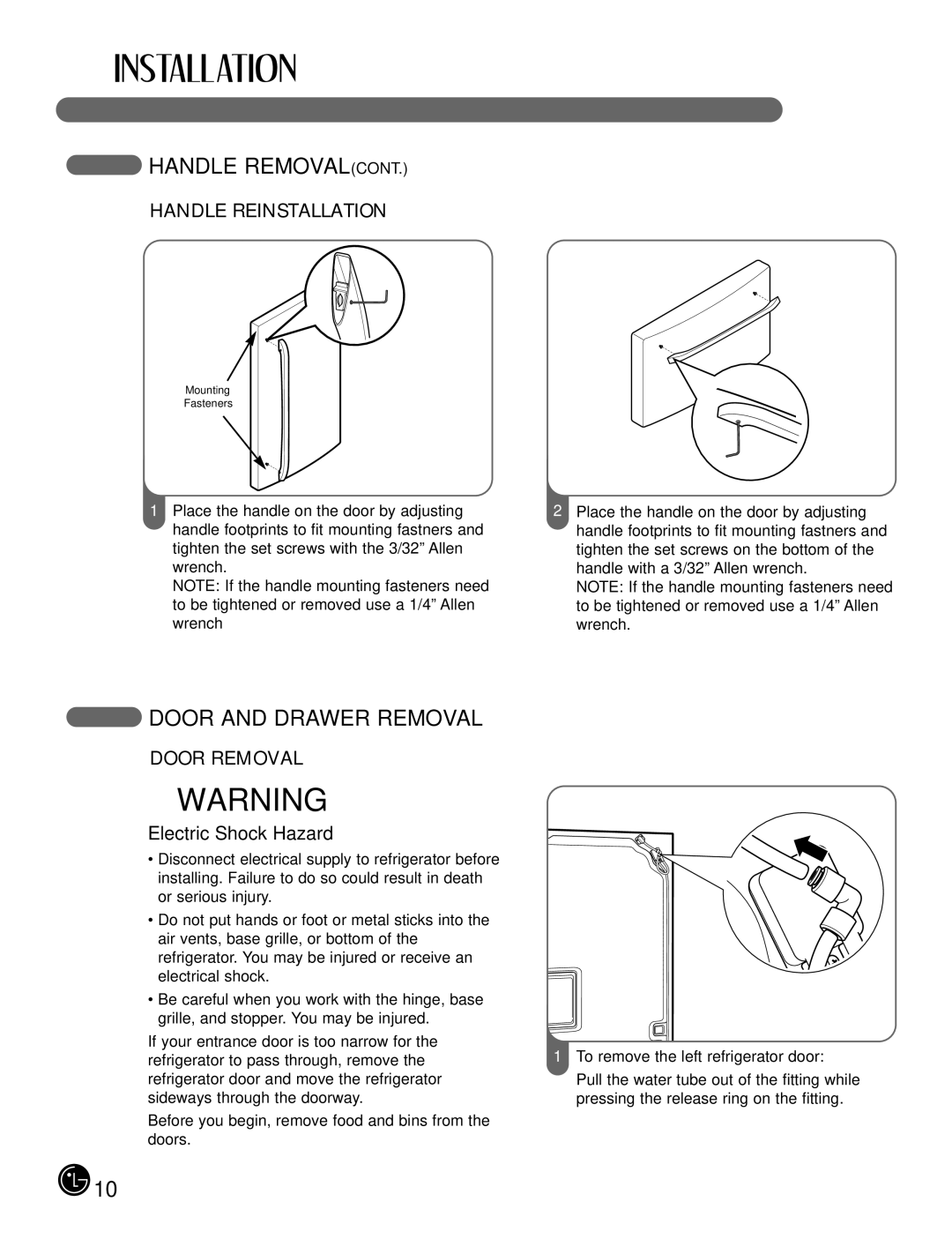 LG Electronics LFX21980, LFX25980 manual Door and Drawer Removal, Handle Reinstallation, Door Removal, Electric Shock Hazard 