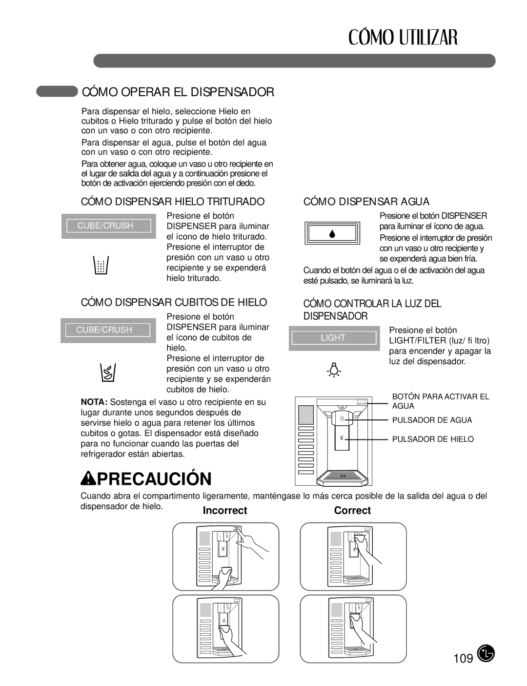 LG Electronics LFX25980 Cómo Operar EL Dispensador, Cómo Dispensar Hielo Triturado Cómo Dispensar Agua, Incorrect Correct 