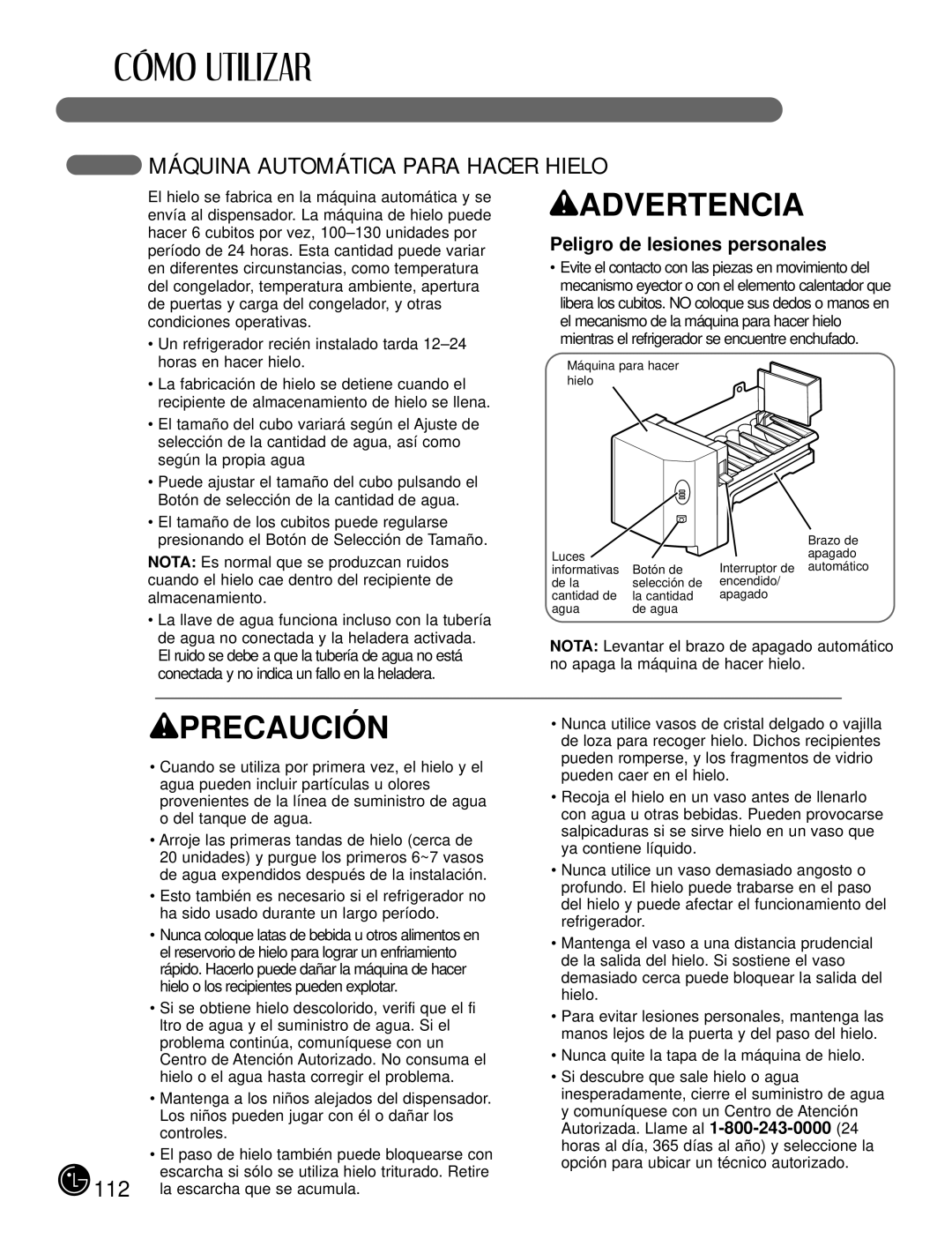 LG Electronics LFX21980, LFX25980 manual Máquina Automática Para Hacer Hielo, Peligro de lesiones personales 