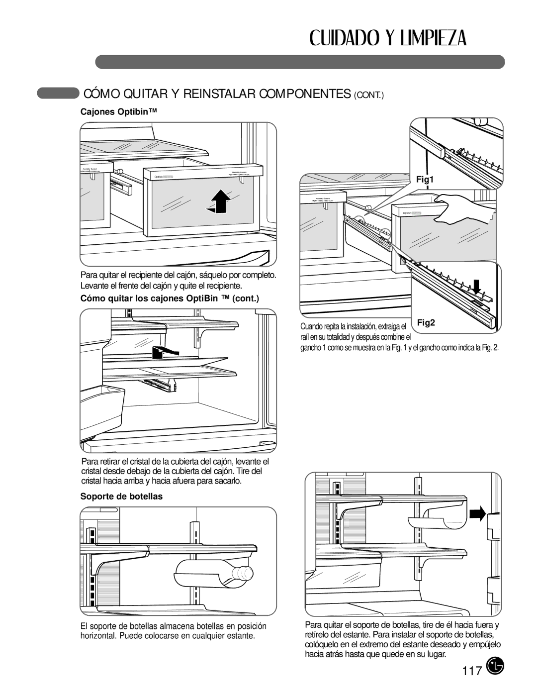 LG Electronics LFX25980, LFX21980 manual Cajones Optibin, Có mo quitar los cajones OptiBin, Soporte de botellas 