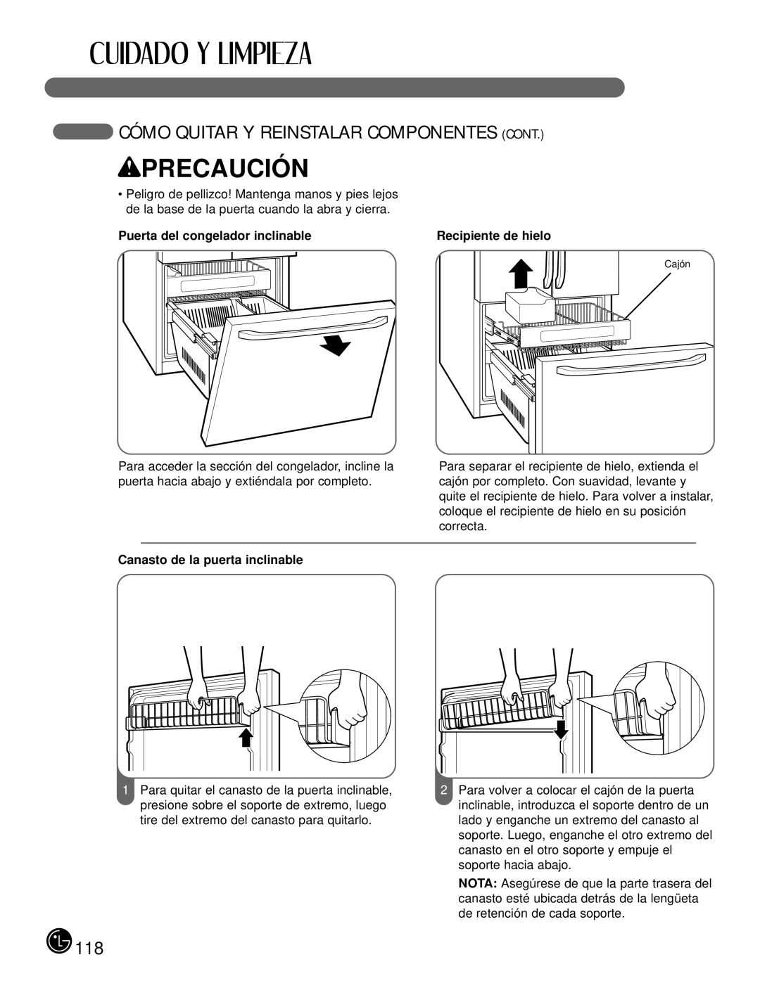 LG Electronics LFX21980, LFX25980 Puerta del congelador inclinable, Canasto de la puerta inclinable, Recipiente de hielo 