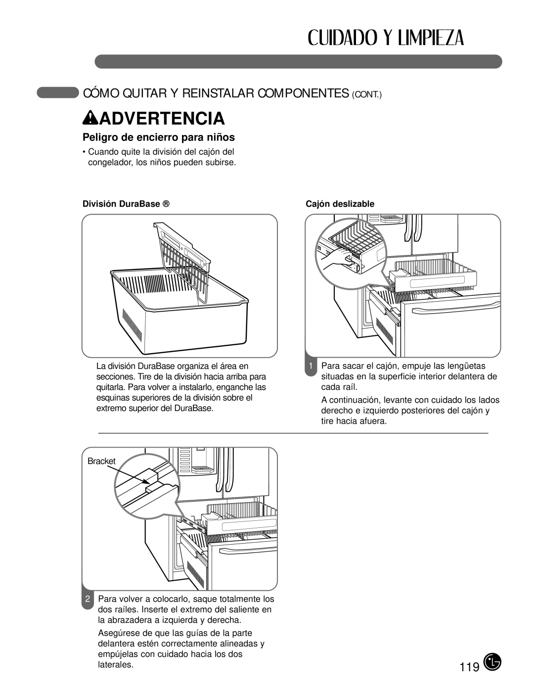 LG Electronics LFX25980, LFX21980 manual Peligro de encierro para niñ os, Divisió n DuraBase, Cajó n deslizable 