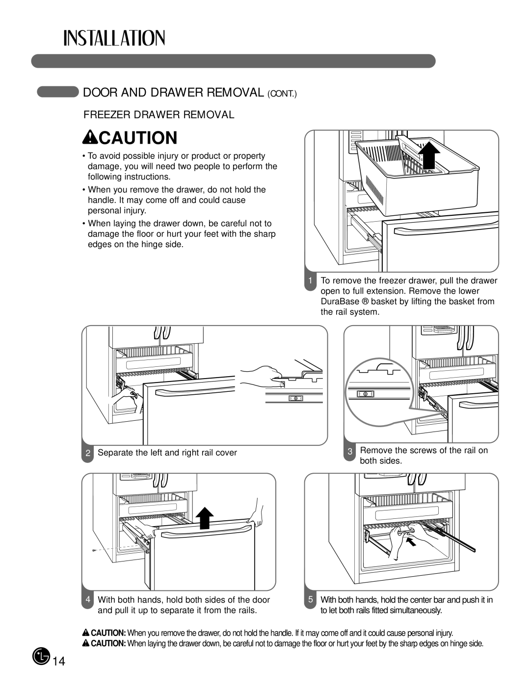 LG Electronics LFX21980, LFX25980 manual Door and Drawer Removal, Freezer Drawer Removal 