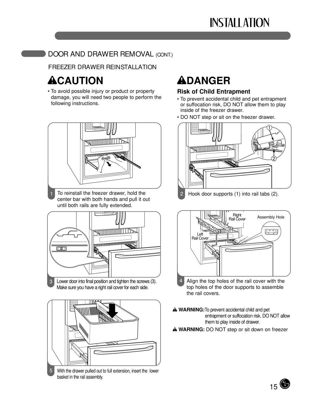 LG Electronics LFX25980, LFX21980 manual Freezer Drawer Reinstallation, Risk of Child Entrapment 