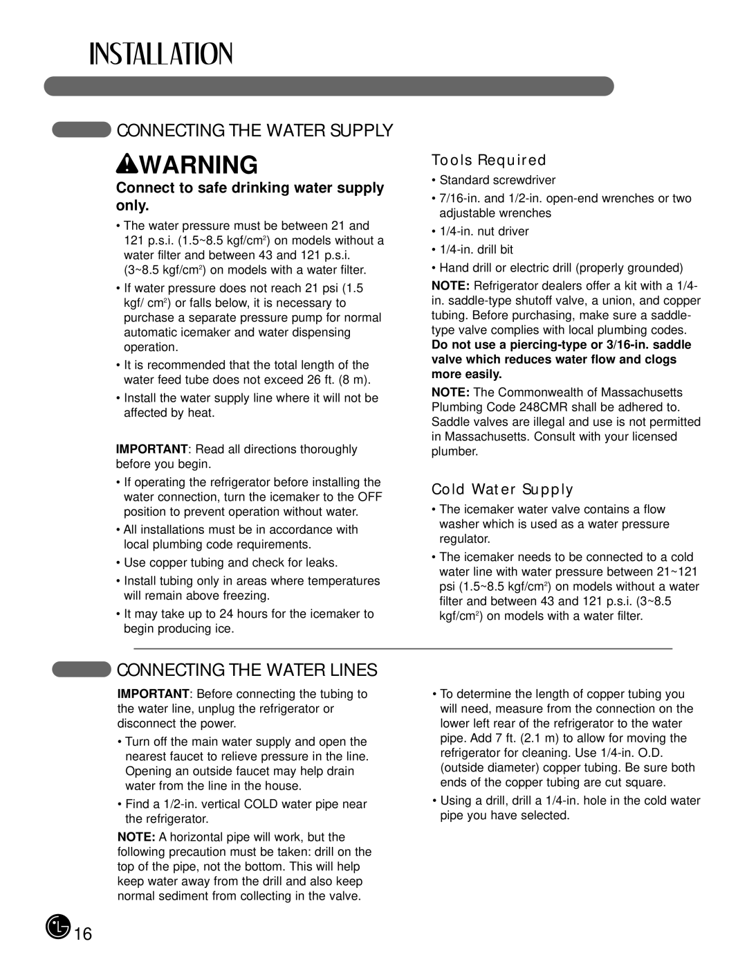 LG Electronics LFX21980 manual Connecting the Water Supply, Connecting the Water Lines, Tools Required, Cold Water Supply 