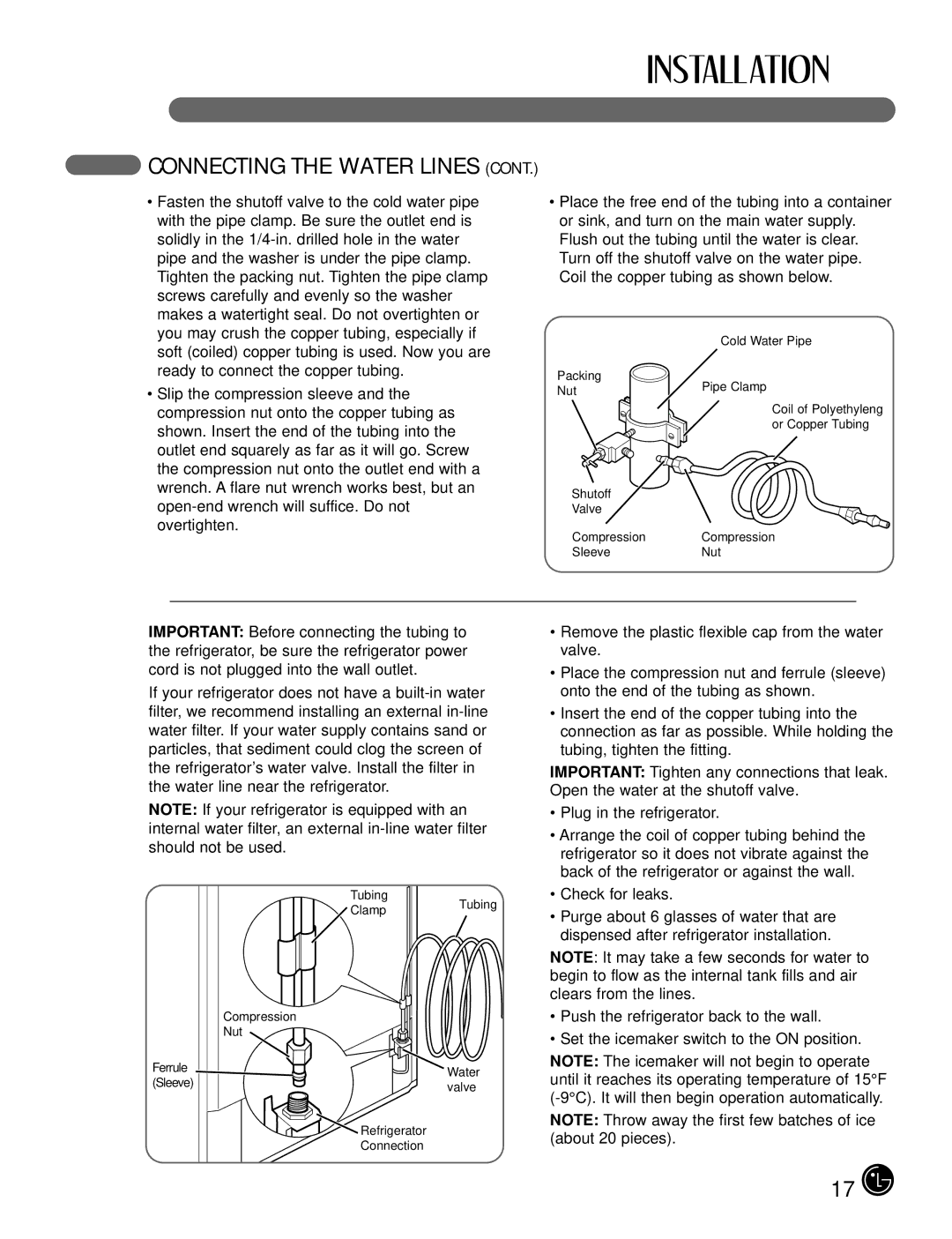 LG Electronics LFX25980, LFX21980 manual Connecting the Water Lines 