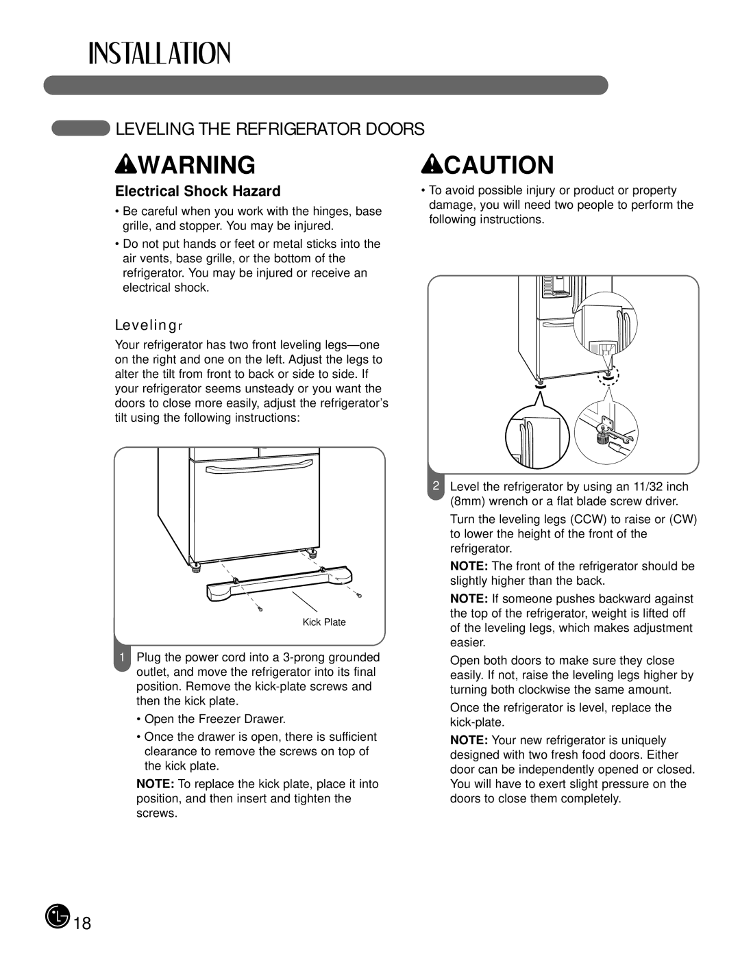 LG Electronics LFX21980, LFX25980 manual Leveling the Refrigerator Doors, Levelingr 