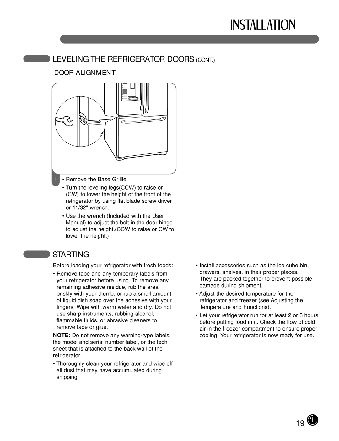 LG Electronics LFX25980, LFX21980 manual Starting, Door Alignment 