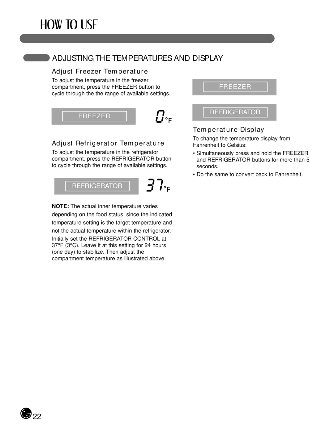 LG Electronics LFX21980, LFX25980 Adjusting the Temperatures and Display, Adjust Freezer Temperature, Temperature Display 