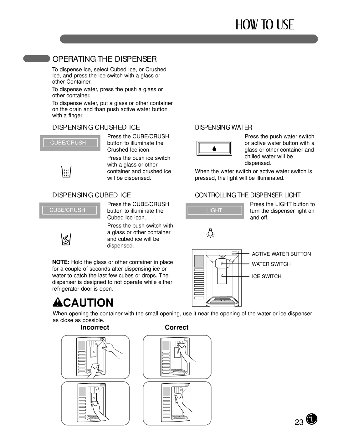 LG Electronics LFX25980, LFX21980 manual Operating the Dispenser, Dispensing Crushed ICE Dispensing Water, IncorrectCorrect 