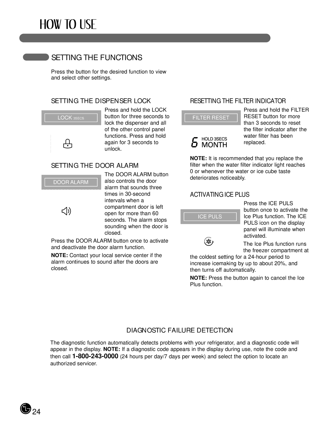 LG Electronics LFX21980, LFX25980 manual Setting the Functions, Setting the Dispenser Lock Resetting the Filter Indicator 