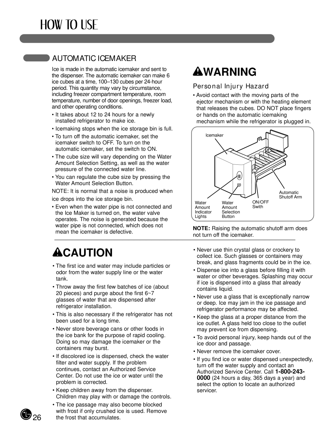 LG Electronics LFX21980, LFX25980 manual Automatic Icemaker, Personal Injury Hazard 