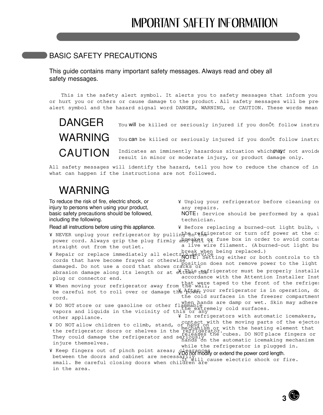 LG Electronics LFX25980, LFX21980 manual Wdanger Wwarning Wcaution, Basic Safety Precautions 