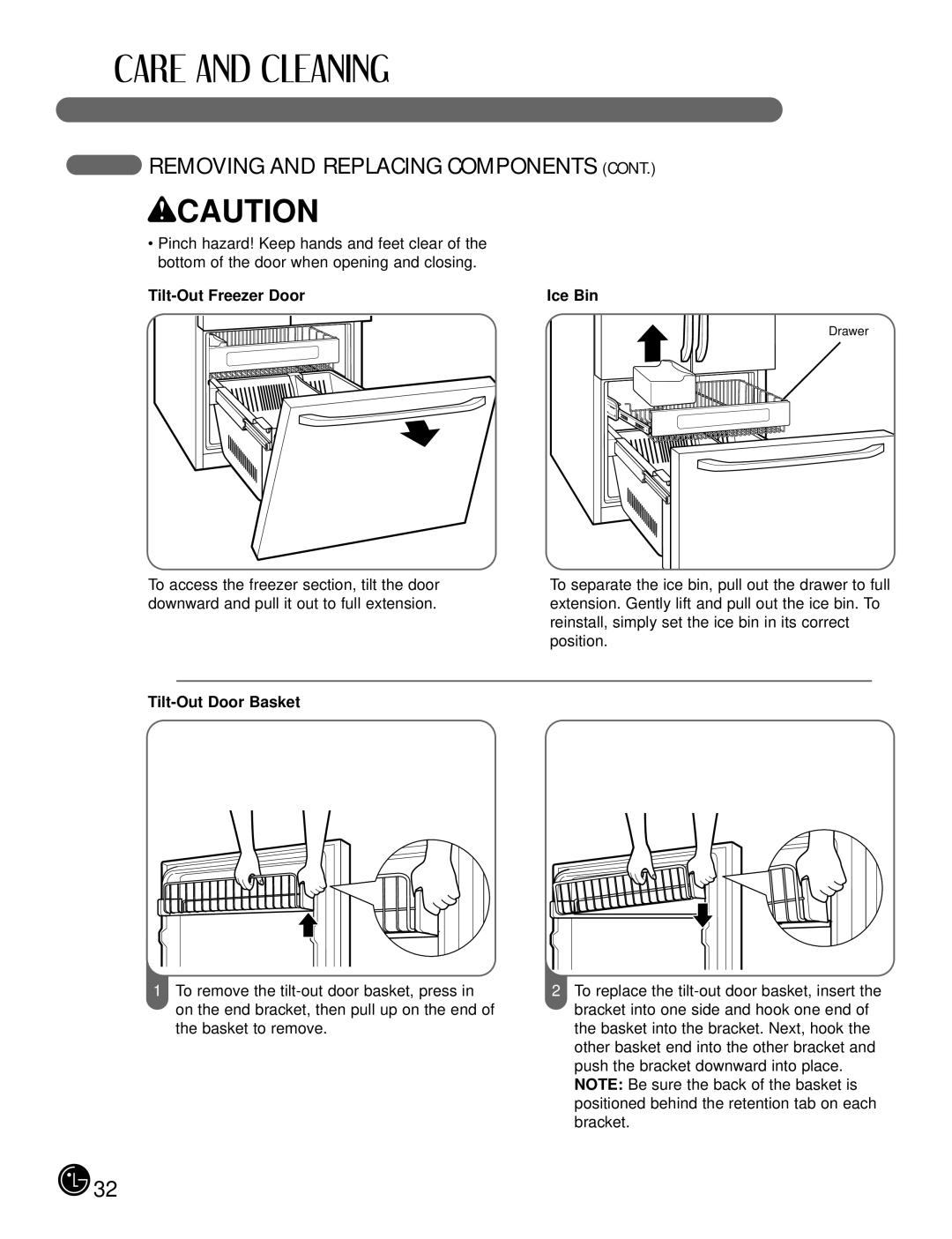 LG Electronics LFX21980, LFX25980 manual Tilt-Out Freezer Door Ice Bin, Tilt-Out Door Basket 