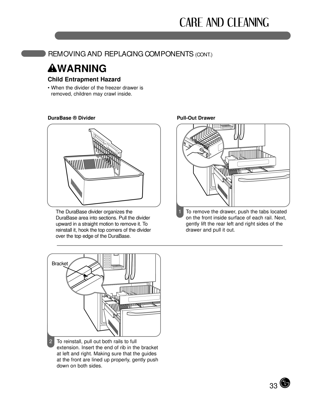 LG Electronics LFX25980, LFX21980 manual Child Entrapment Hazard, DuraBase Divider Pull-Out Drawer 