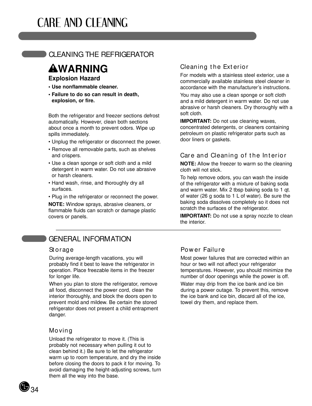 LG Electronics LFX21980, LFX25980 manual Cleaning the Refrigerator, General Information, Explosion Hazard 