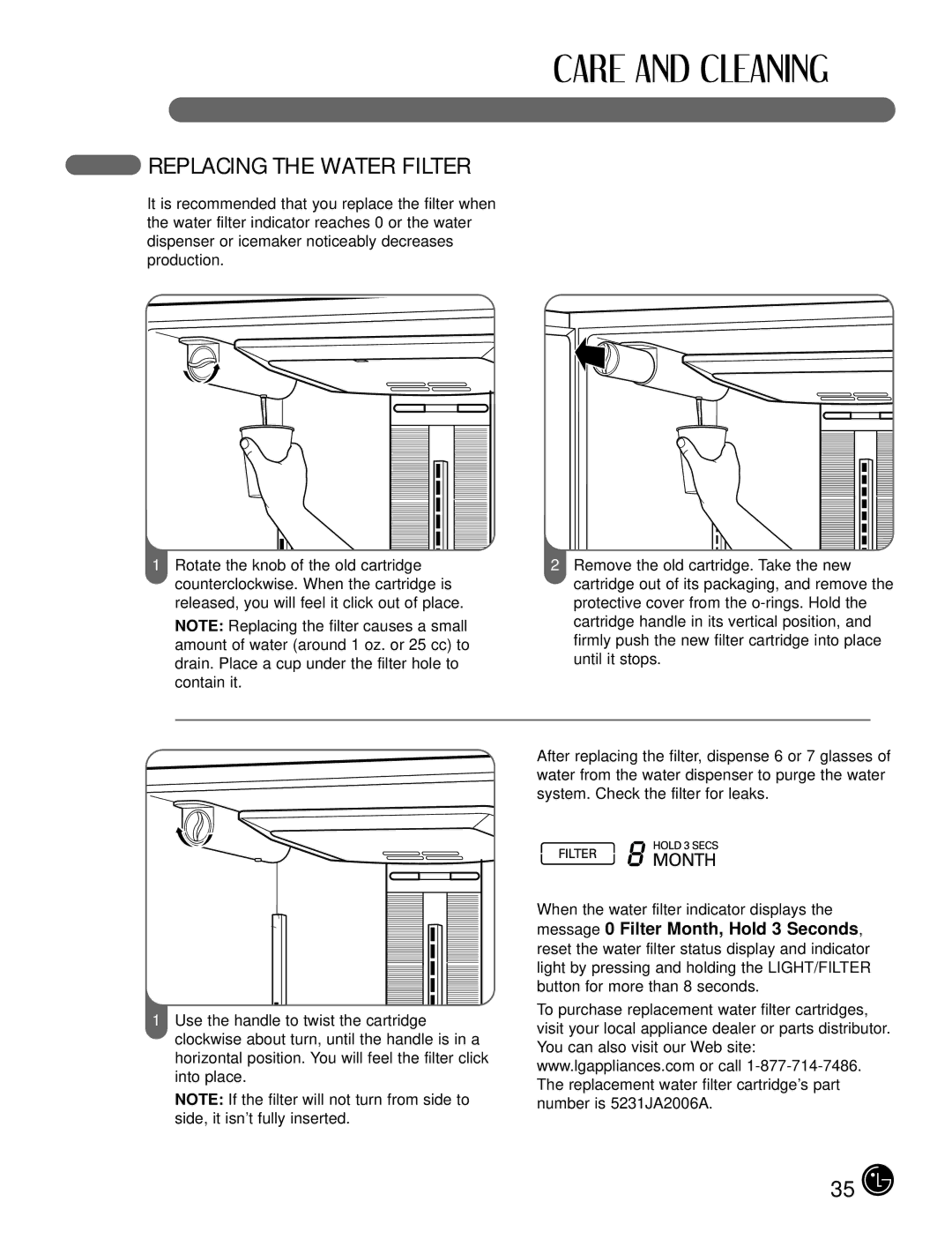 LG Electronics LFX25980, LFX21980 manual Replacing the Water Filter, Message 0 Filter Month, Hold 3 Seconds 