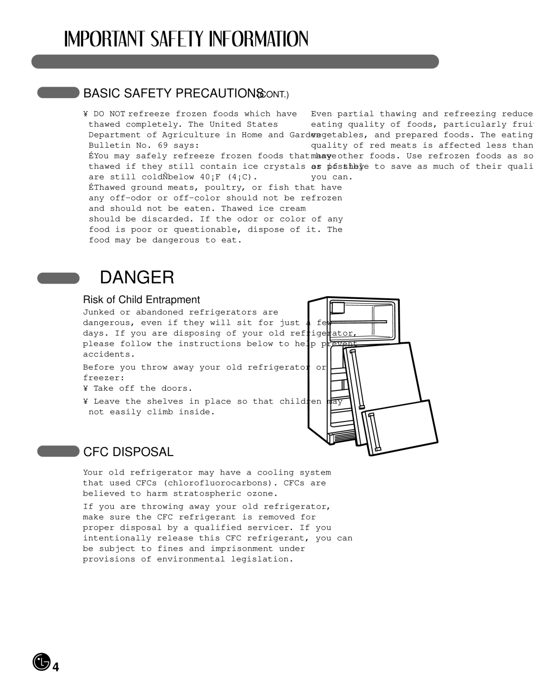 LG Electronics LFX21980, LFX25980 manual CFC Disposal, Risk of Child Entrapment 