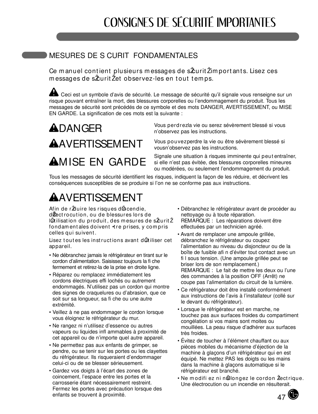 LG Electronics LFX25980, LFX21980 manual WDANGER WAVERTISSEMENT WMISE EN Garde, Mesures DE Sécurité Fondamentales 