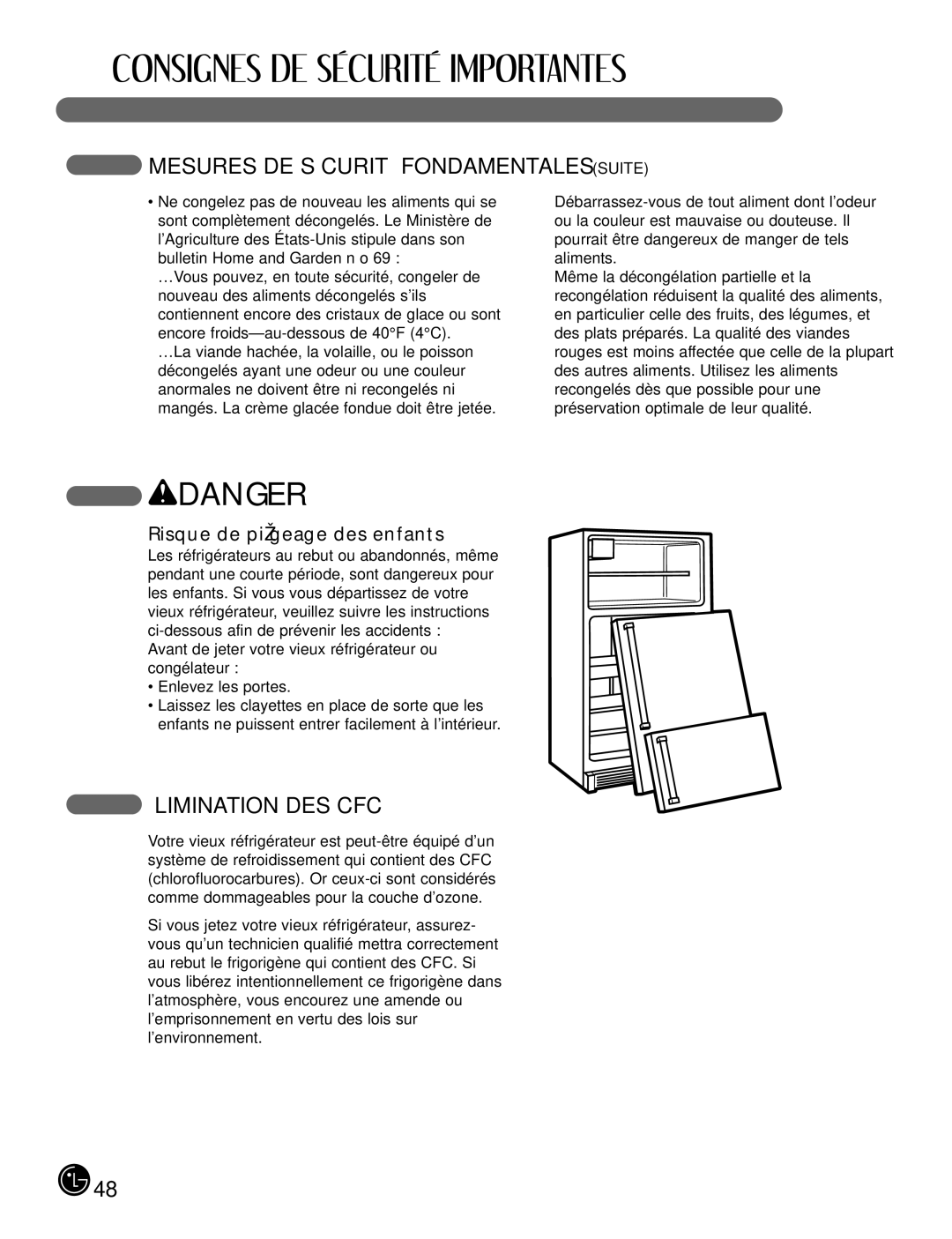 LG Electronics LFX21980 manual Mesures DE Sécurité Fondamentales Suite, Élimination DES CFC, Risque de piégeage des enfants 