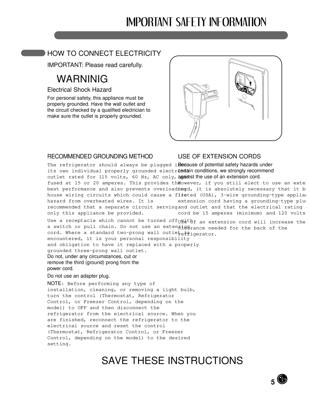 LG Electronics LFX25980, LFX21980 HOW to Connect Electricity, Important Please read carefully, Electrical Shock Hazard 