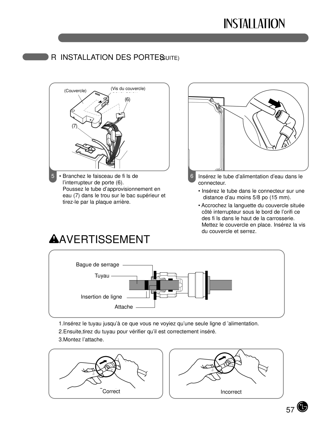 LG Electronics LFX25980, LFX21980 manual Réinstallation DES Portes Suite, Bague de serrage Tuyau Insertion de ligne Attache 