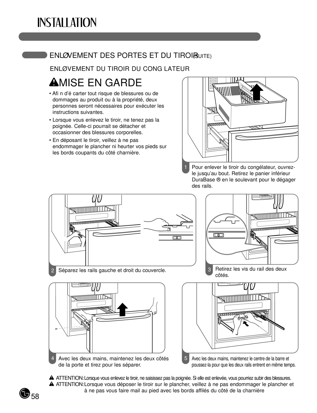 LG Electronics LFX21980, LFX25980 manual Séparez les rails gauche et droit du couvercle 