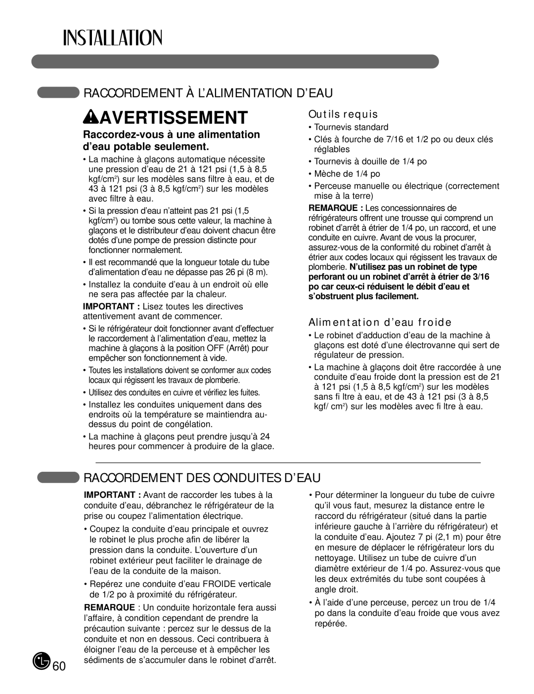 LG Electronics LFX21980, LFX25980 Raccordement À L’ALIMENTATION D’EAU, Raccordement DES Conduites D’EAU, Outils requis 