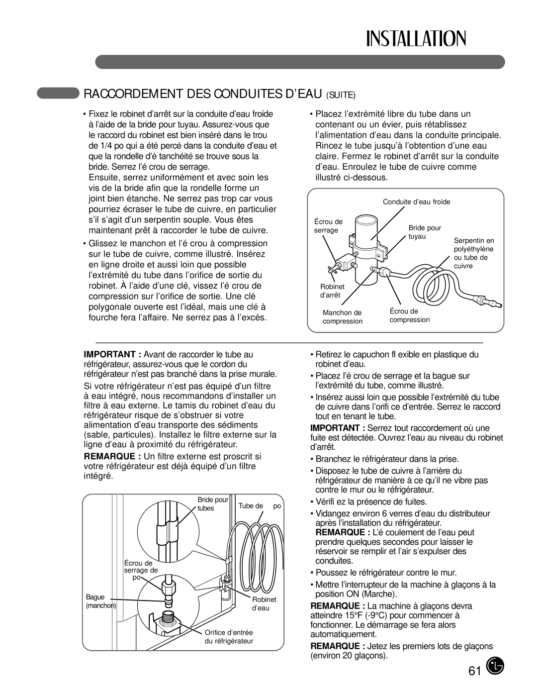 LG Electronics LFX25980, LFX21980 manual Raccordement DES Conduites D’EAU Suite 