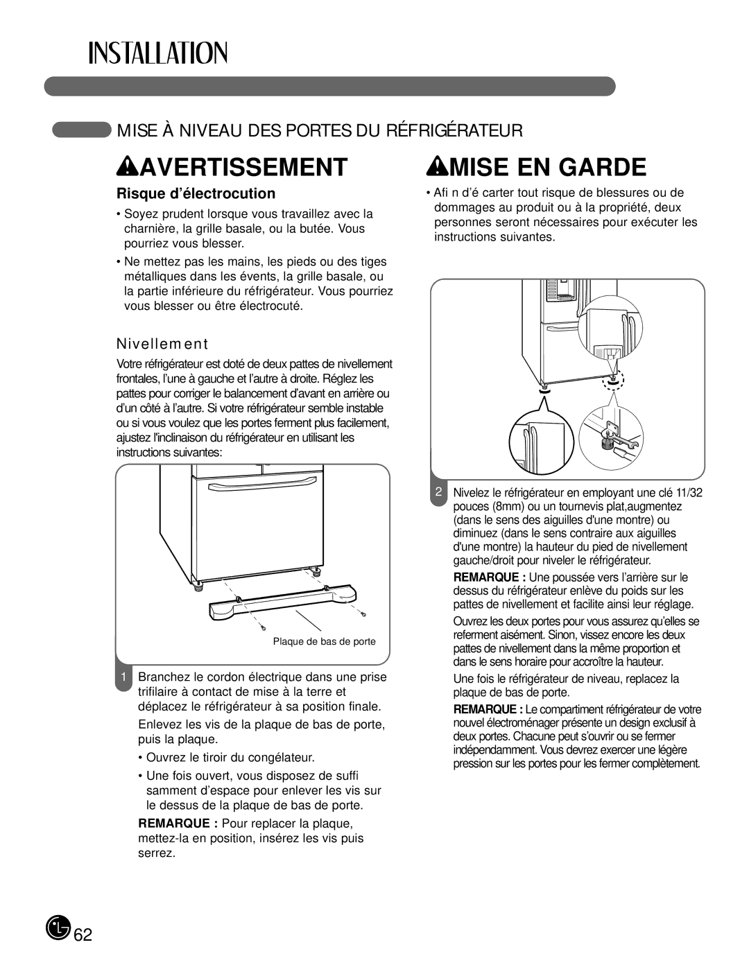 LG Electronics LFX21980, LFX25980 manual Mise À Niveau DES Portes DU Réfrigérateur, Risque d’é lectrocution, Nivellement 