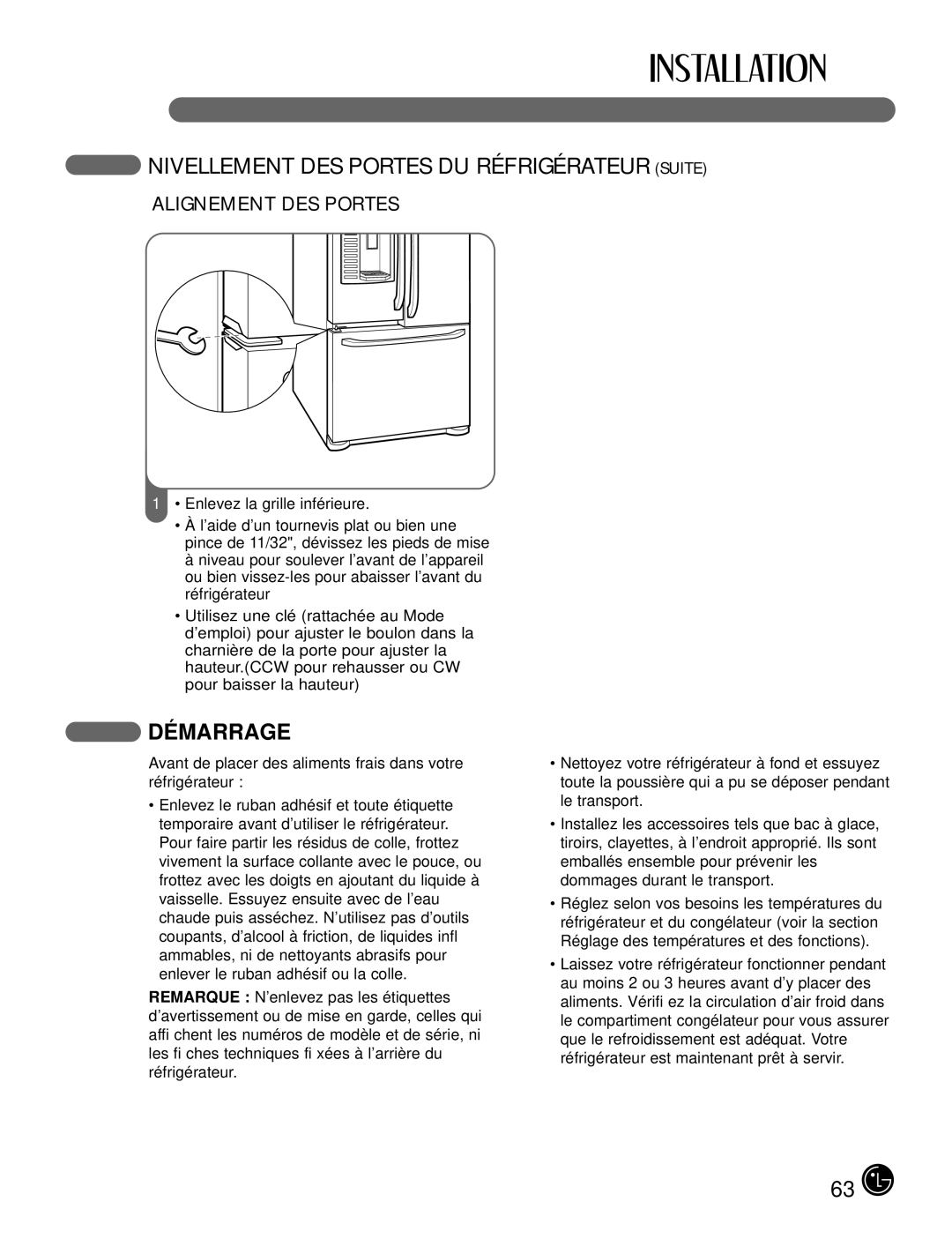 LG Electronics LFX25980, LFX21980 manual Nivellement DES Portes DU Réfrigérateur Suite, Alignement DES Portes 