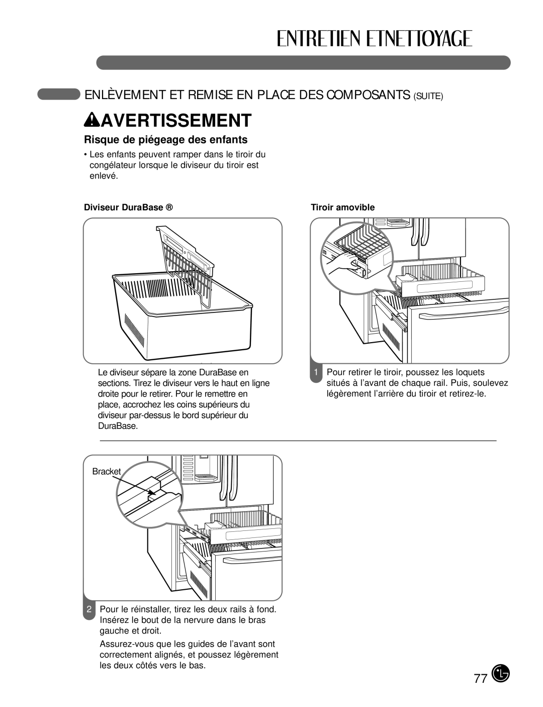 LG Electronics LFX25980, LFX21980 manual Diviseur DuraBase, Tiroir amovible 