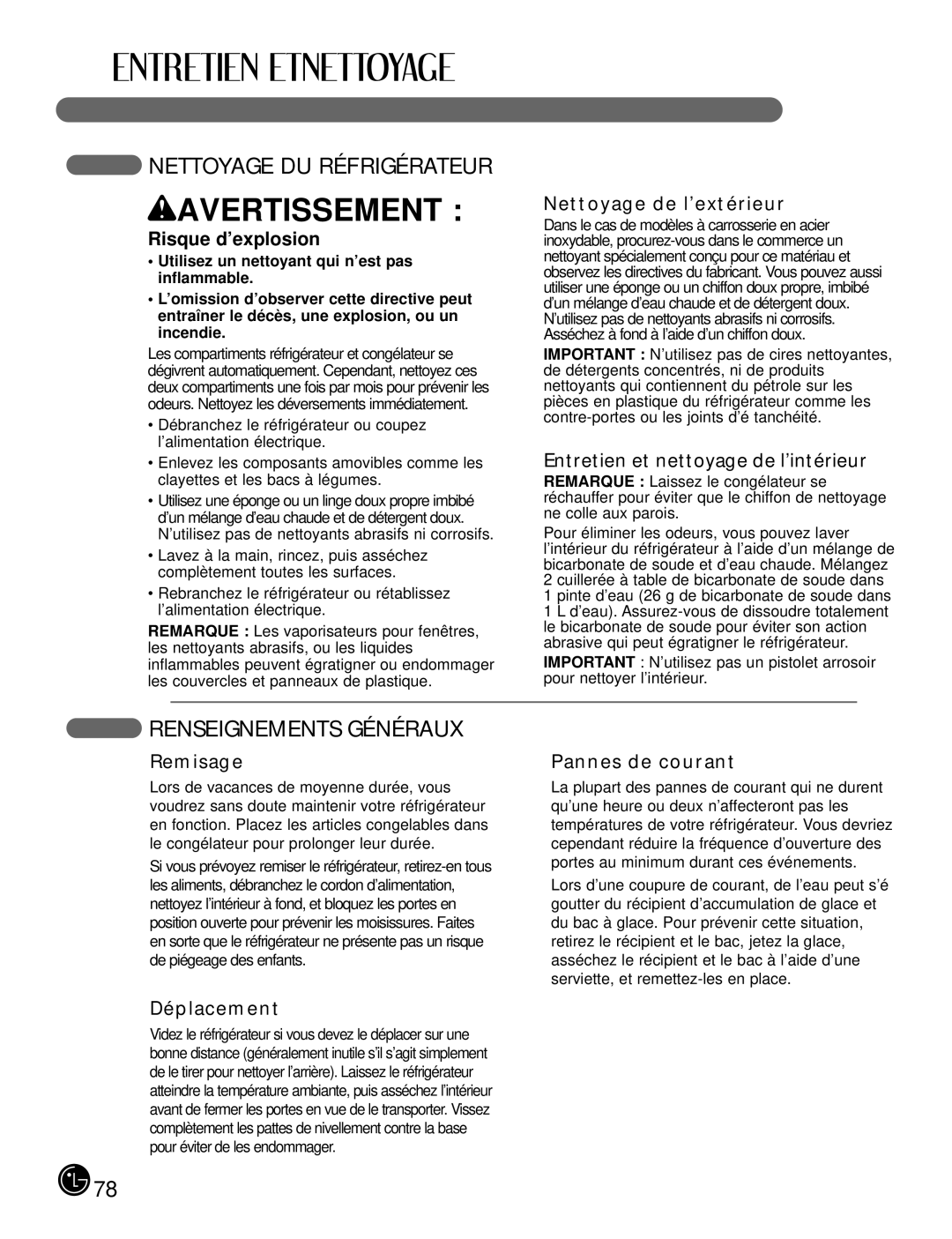 LG Electronics LFX21980, LFX25980 manual Nettoyage DU Réfrigérateur, Renseignements Généraux, Risque d’explosion 