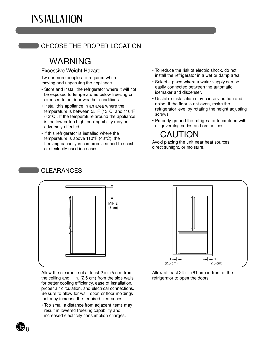 LG Electronics LFX21980, LFX25980 manual Choose the Proper Location, Clearances, Excessive Weight Hazard 