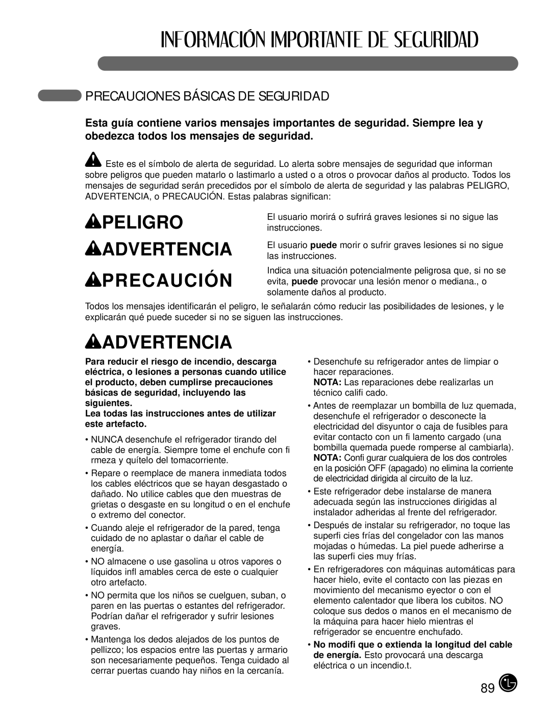 LG Electronics LFX25980, LFX21980 manual Wpeligro Wadvertencia Wprecaución, Precauciones Básicas DE Seguridad 