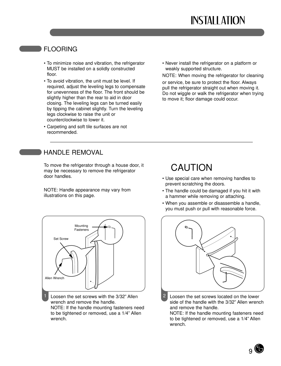 LG Electronics LFX25980, LFX21980 manual Flooring, Handle Removal 