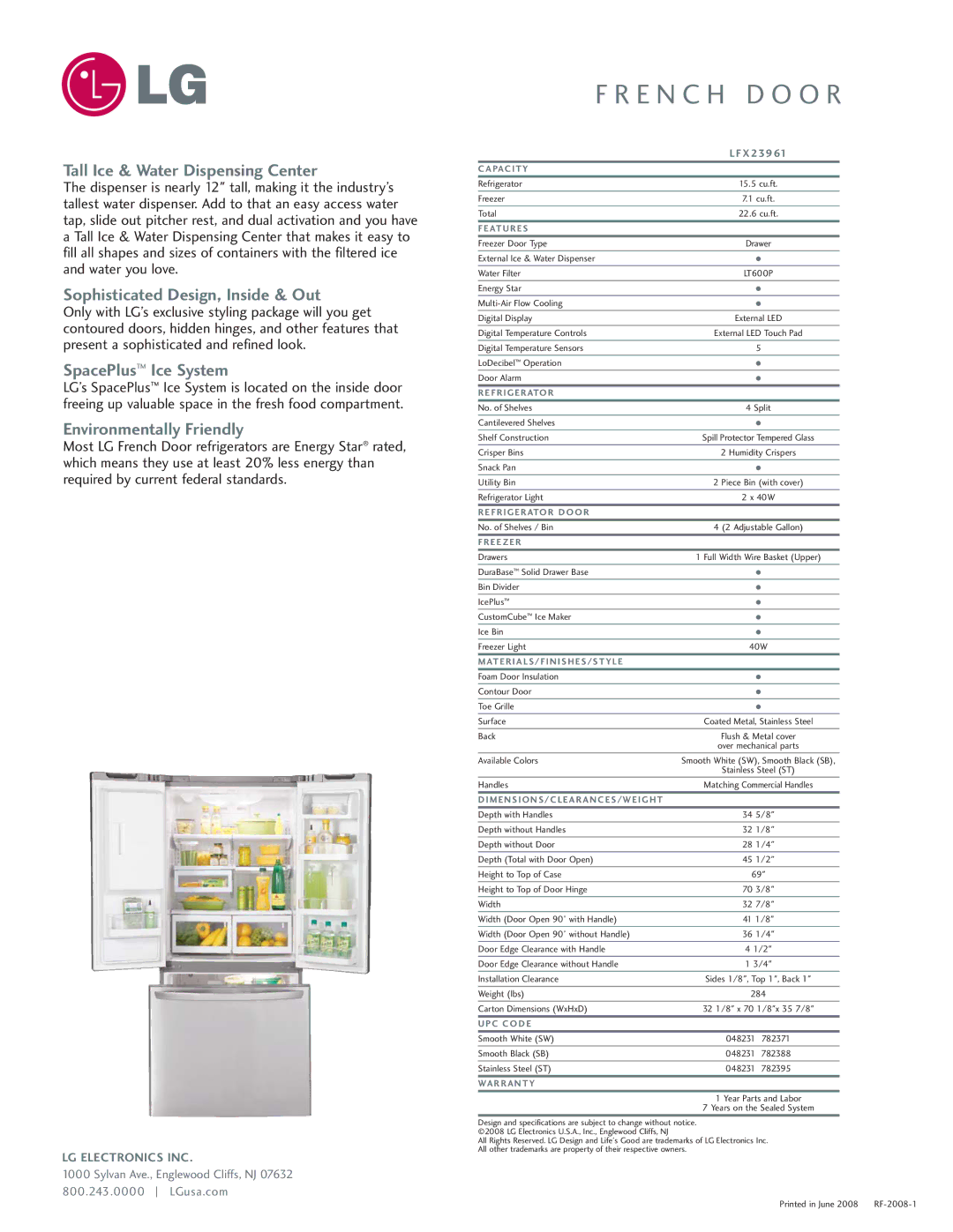 LG Electronics LFX23961 manual Tall Ice & Water Dispensing Center, Sophisticated Design, Inside & Out, SpacePlus Ice System 