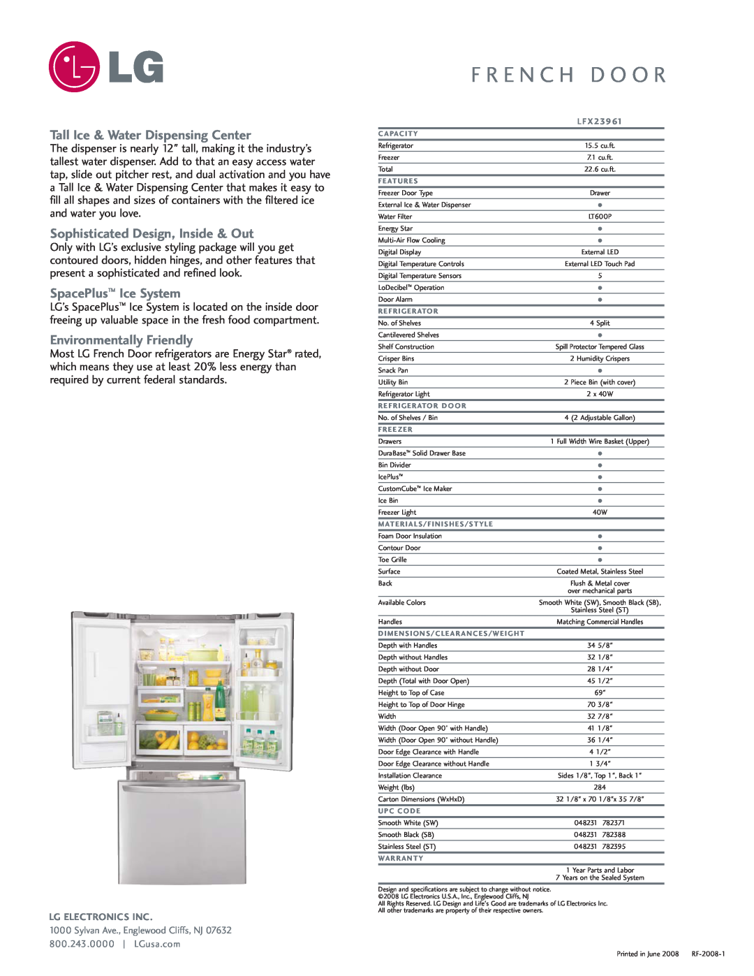 LG Electronics LFX23961 manual Tall Ice & Water Dispensing Center, Sophisticated Design, Inside & Out, SpacePlus Ice System 