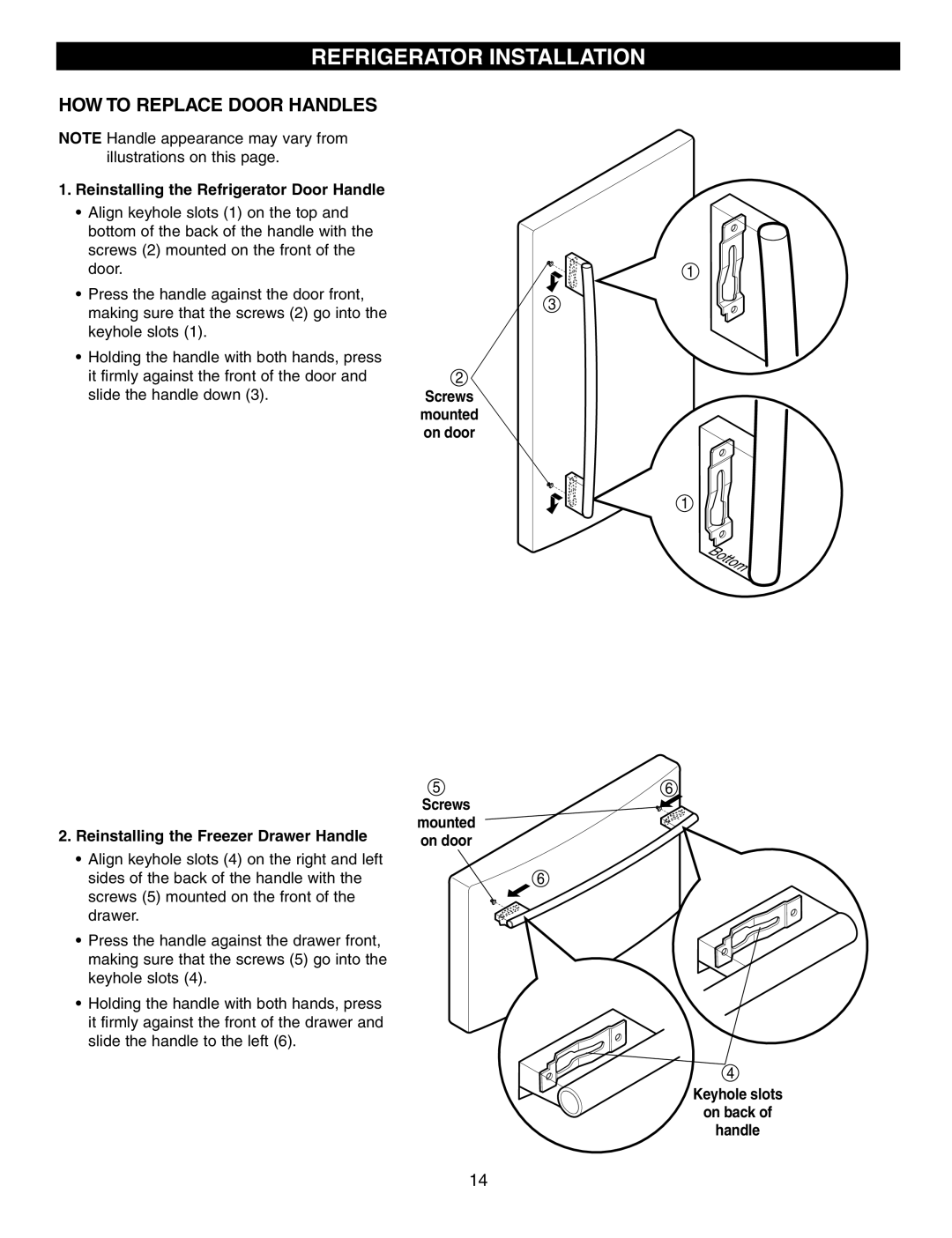 LG Electronics LFX25950 manual HOW to Replace Door Handles, Reinstalling the Refrigerator Door Handle 