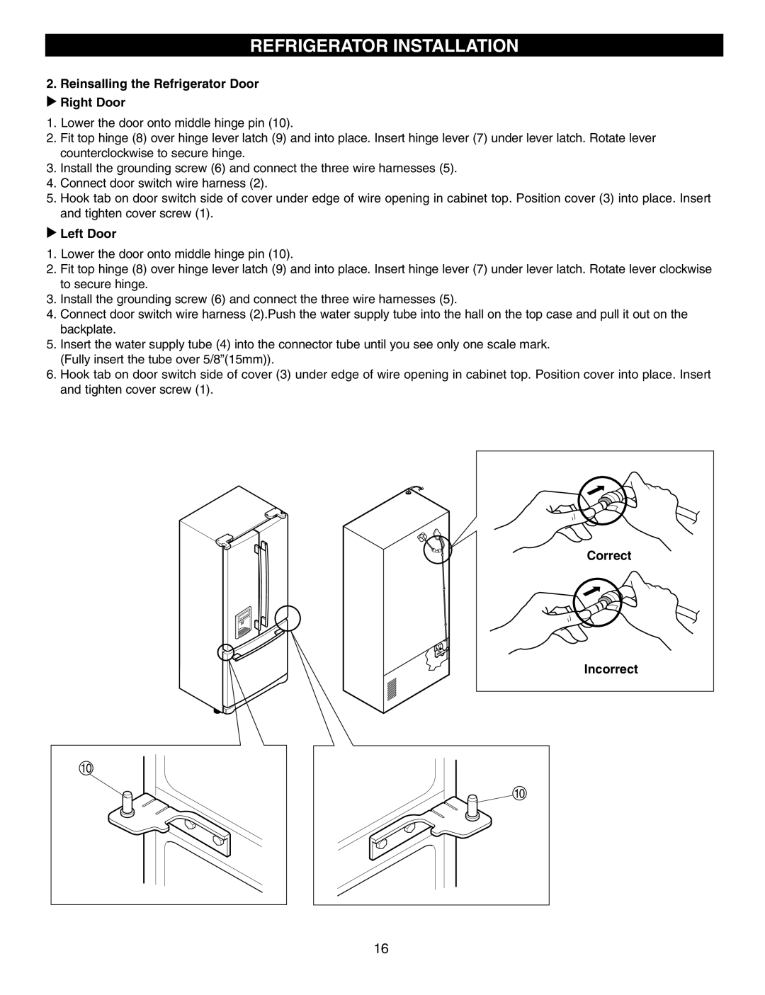 LG Electronics LFX25950 manual Reinsalling the Refrigerator Door Right Door, Left Door, Correct Incorrect 