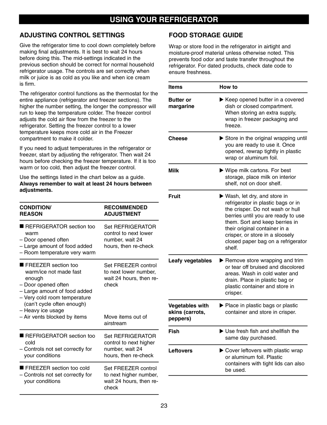 LG Electronics LFX25950 manual Adjusting Control Settings, Food Storage Guide 