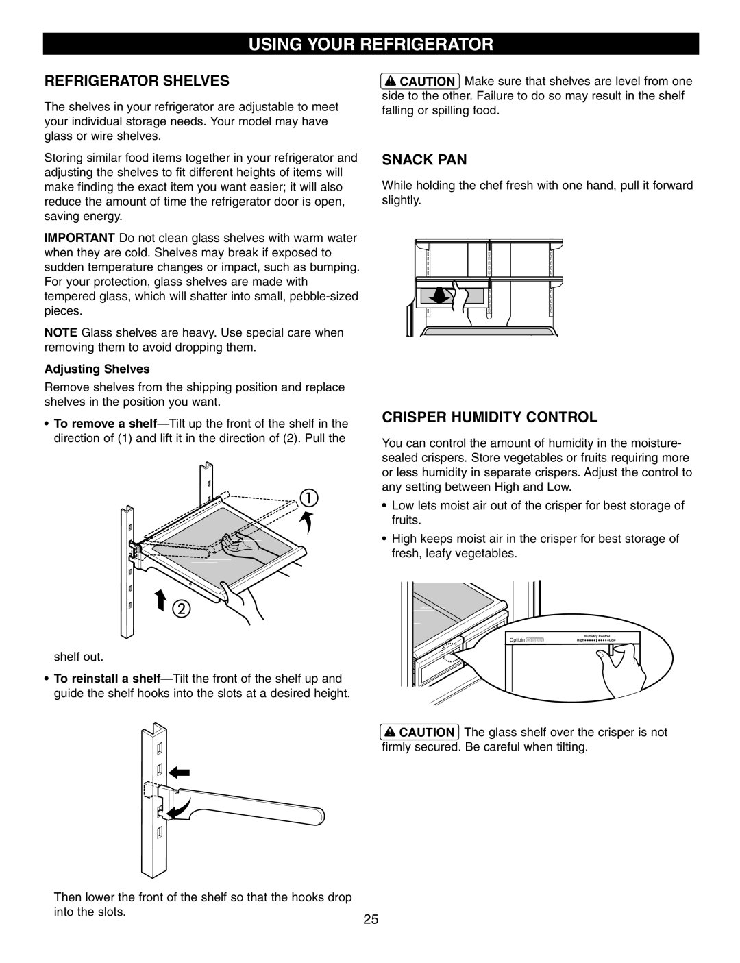 LG Electronics LFX25950 manual Refrigerator Shelves, Snack PAN, Crisper Humidity Control, Adjusting Shelves 