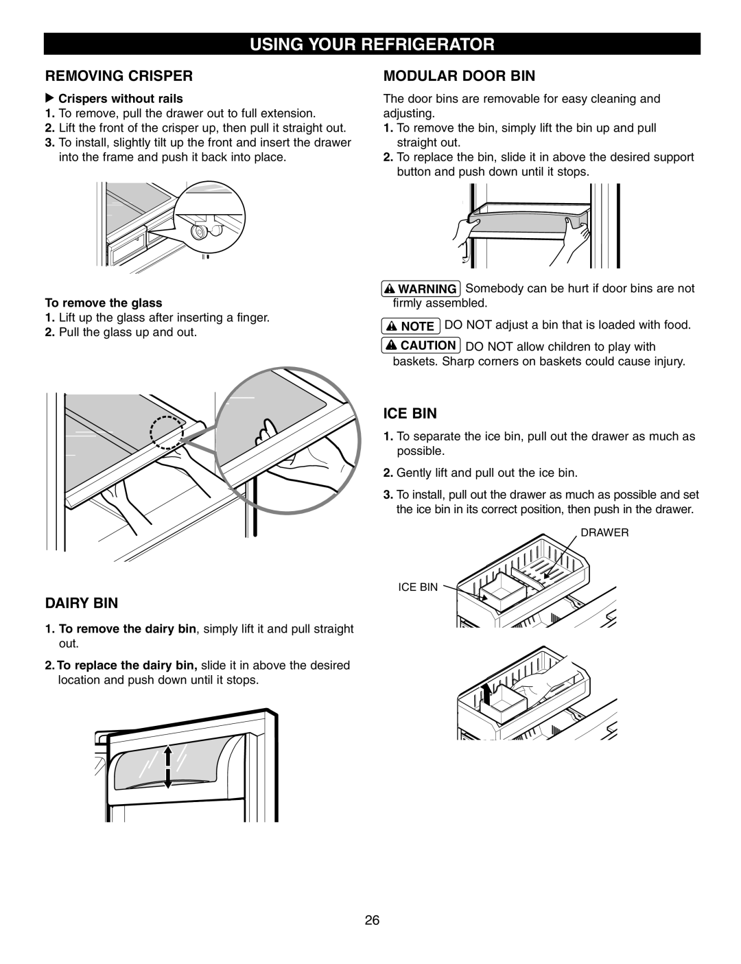 LG Electronics LFX25950 manual Removing Crisper, Dairy BIN, Modular Door BIN, Ice Bin 